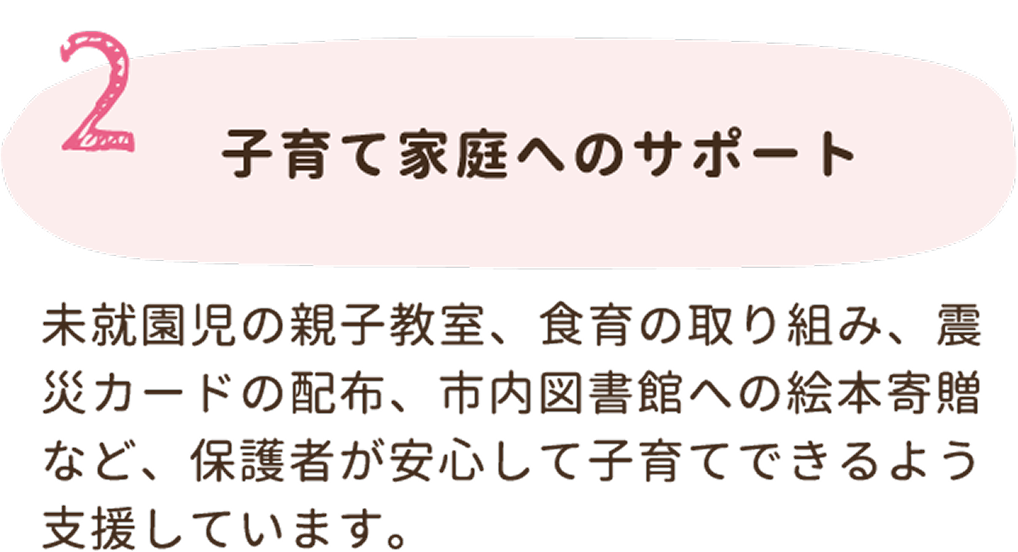 2. 子育て家庭へのサポート。未就園児の親子教室、食育の取り組み、震災カードの配布、市内図書館への絵本寄贈など、保護者が安心して子育てできるよう支援しています。